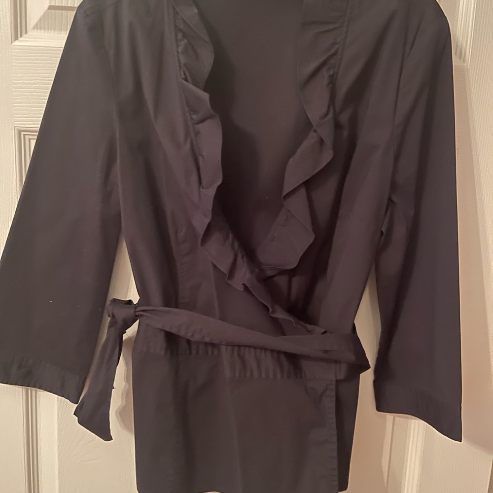 Talbots navy ruffle cross-over blouse with tie size 14 EUC . Very flattering.